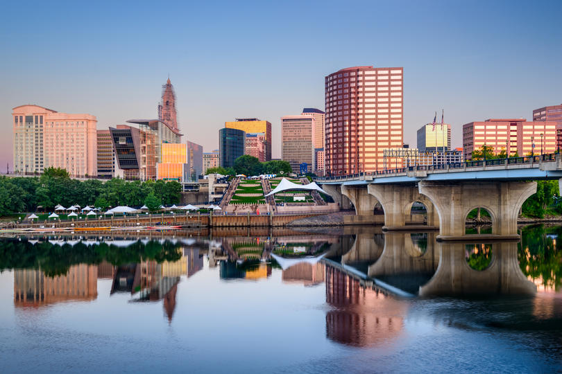 Hartford, Connecticut, USA downtown city skyline on the river.