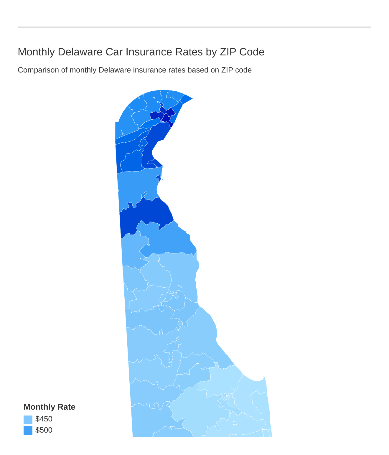 Monthly Delaware Car Insurance Rates by ZIP Code