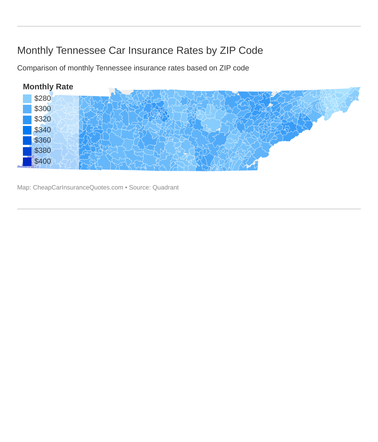 Monthly Tennessee Car Insurance Rates by ZIP Code