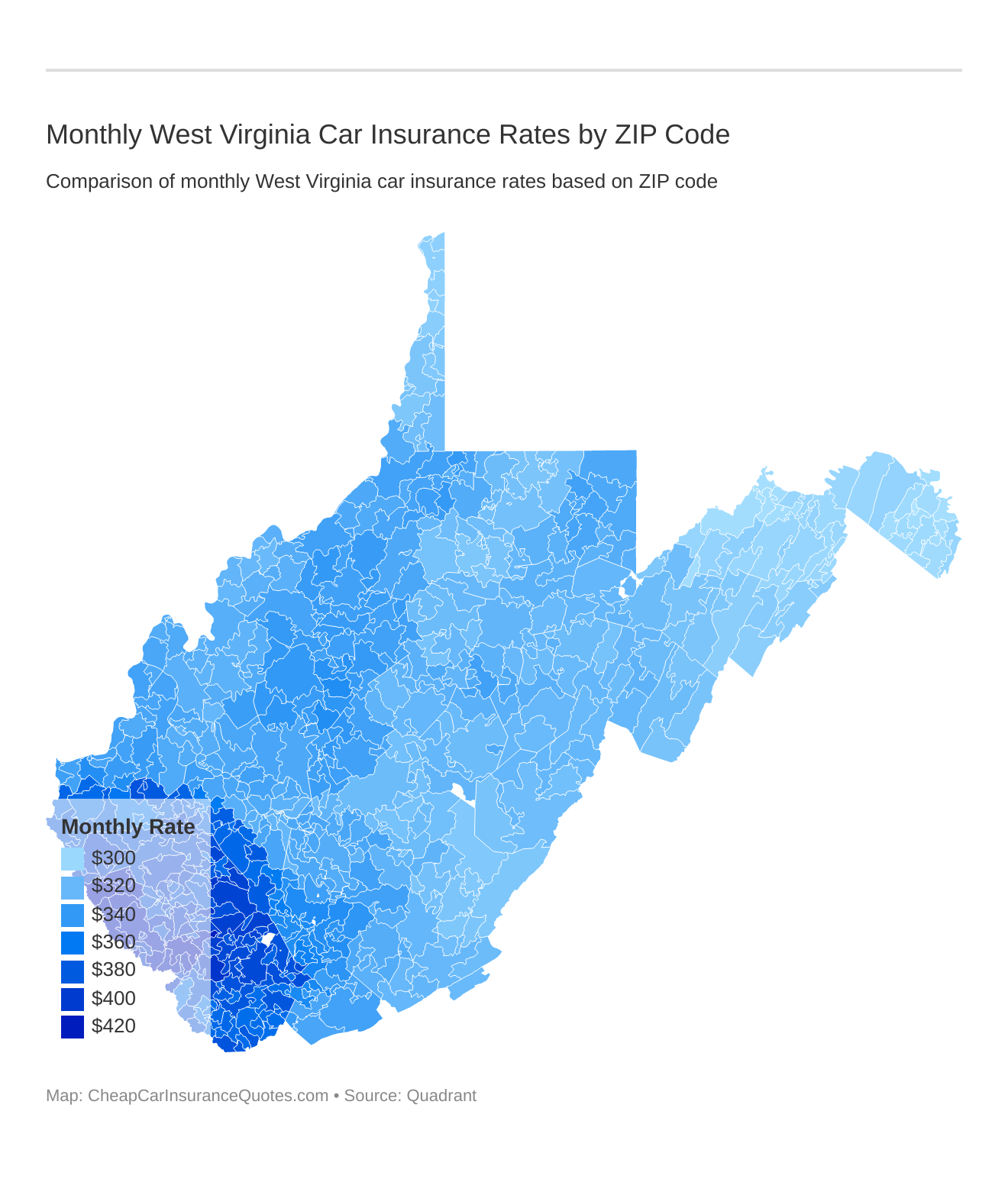 Monthly West Virginia Car Insurance Rates by ZIP Code